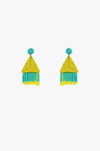 Boucles d'oreilles pendantes turquoise avec pyramide et franges citron vert 1