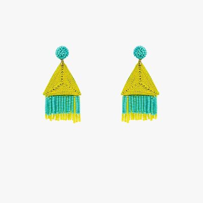 Boucles d'oreilles pendantes turquoise avec pyramide et franges citron vert