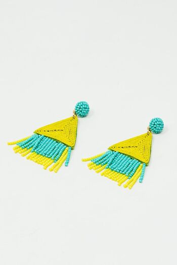 Boucles d'oreilles pendantes turquoise avec pyramide et franges citron vert 3