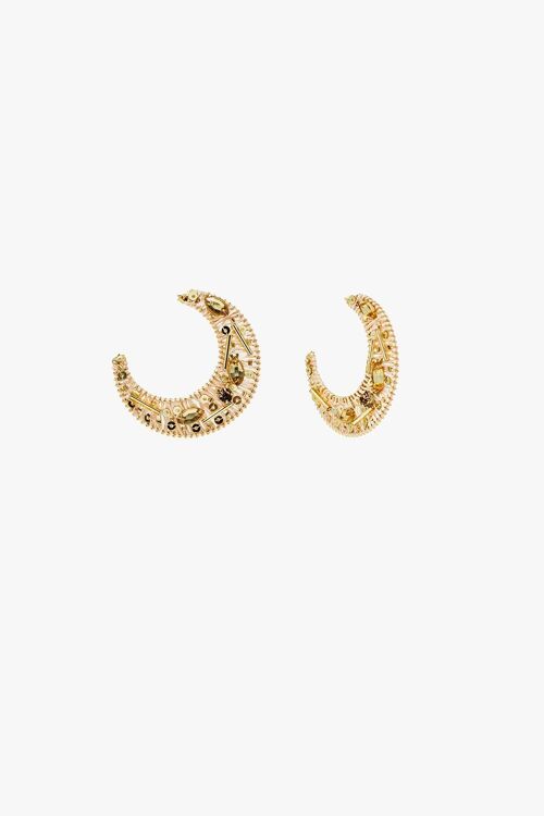 Beige Big Round Wocen Earrings With Gold Embellishments