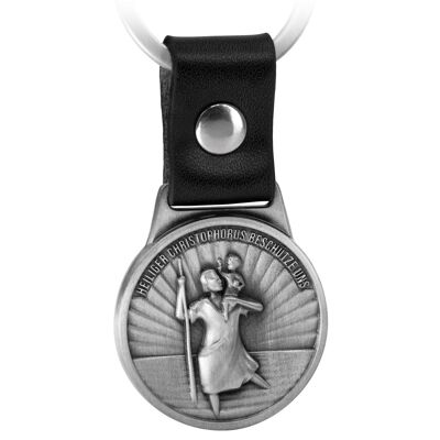 Porte-clés "Christophorus" patron des voyageurs - Amulette Saint Christophe - plaque bon voyage sur lanière cuir