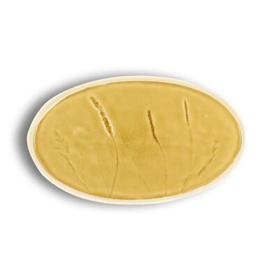 Oval shaped dish 29.5x17cm in mustard stoneware