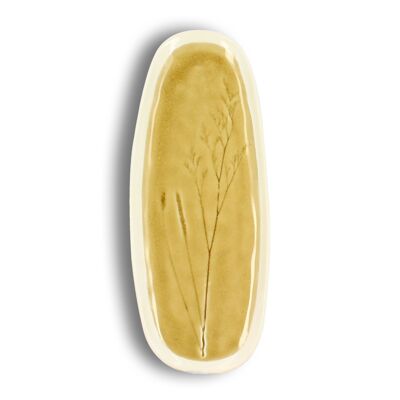 Piatto lungo di forma ovale 32.5 x 12.5cm in gres senape
