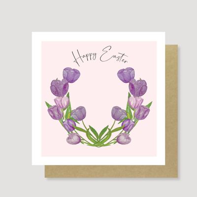 Tarjeta de Pascua de corona de tulipán púrpura