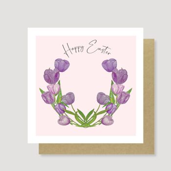 Carte de Pâques couronne de tulipes violettes