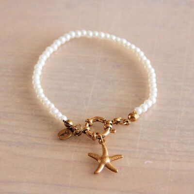 Pearl bracelet with round clasp and starfish - gold