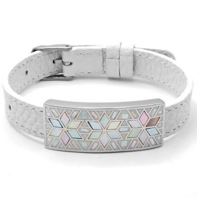 Steel bracelet - enamel - mother-of-pearl - white leather