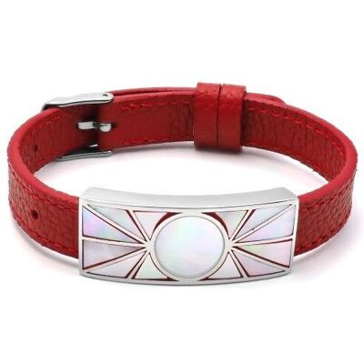 Steel bracelet - enamel - mother-of-pearl - red leather