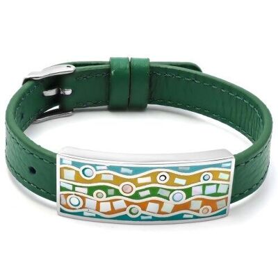 Stahlarmband – Emaille – Perlmutt – grünes Leder