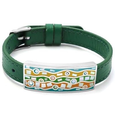 Steel bracelet - enamel - mother-of-pearl - green leather