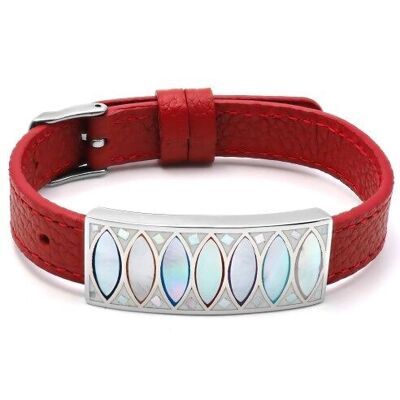 Steel bracelet - enamel - mother-of-pearl - red leather