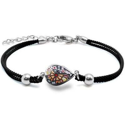 Steel bracelet - enamel - mother-of-pearl - black leather