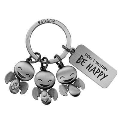 Porte-clés ange gardien "Happy-Trio" - porte-bonheur ange avec message gravé "Ne vous inquiétez pas, soyez heureux"