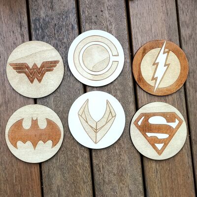 Ensemble de 6 sous-verres en bois Justice League - Cadeau de pendaison de crémaillère - Super-héros