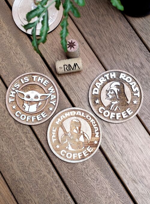 Set of 3 Mandalorian Wood Coasters - Coffee - Housewarming Gift - Star Wars