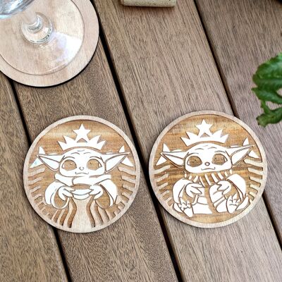 Lot de 2 sous-verres en bois Starbucks Baby Yoda - Café - Cadeau de pendaison de crémaillère - Star Wars