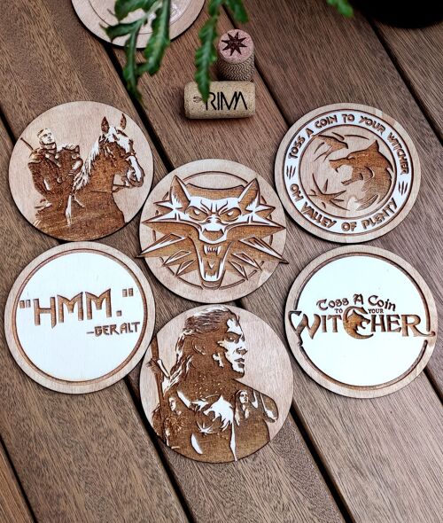 Set of 6 The Witcher Wood Coasters - Housewarming Gift - Cup Holder