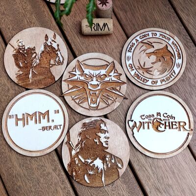Set of 6 The Witcher Wood Coasters - Housewarming Gift - Cup Holder