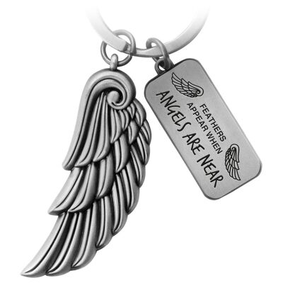 "Angels" angel wings keychain - engraving with message "Feathers appear when angels are near" - angel wings lucky charm