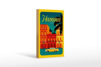 Panneau en bois La Havane 12x18 cm Cuba dessin décoration voiture jaune 1