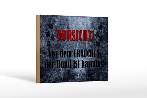 Holzschild Hinweis 18x12 cm Vorsicht Frau Hund harmlos Dekoration