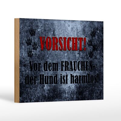 Holzschild Hinweis 18x12 cm Vorsicht Frau Hund harmlos Dekoration