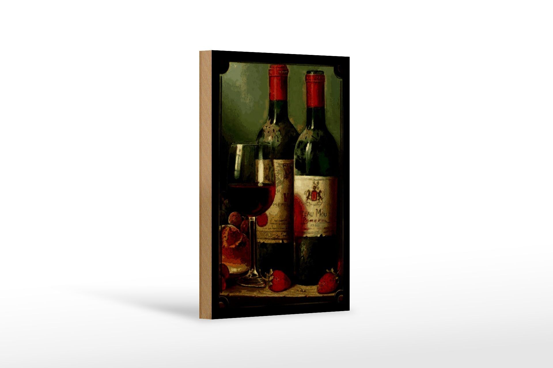 Targa in legno artistica 12x18 cm natura morta vino rosso fragole decorazione frutta