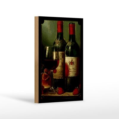 Panneau artistique en bois 12x18cm, nature morte, vin rouge, fraises, fruits, décoration
