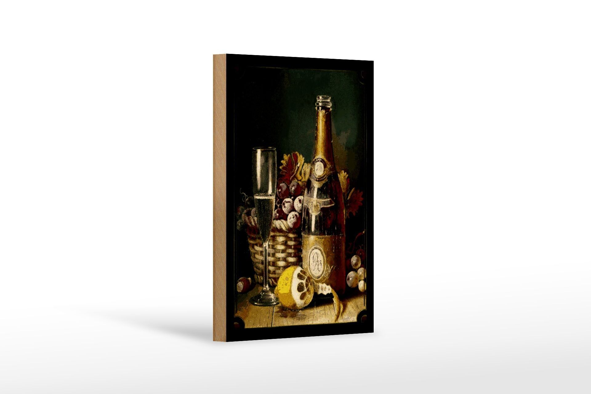 Holzschild Kunst 12x18 cm Stillleben Sekt Obstkorb Zitrone Dekoration