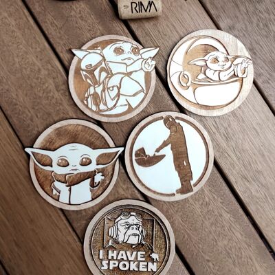 Set of 5 The Mandalorian Wood Coasters - Housewarming Gift - Star Wars