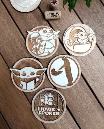 Lot de 5 sous-verres en bois Mandalorian - Cadeau de pendaison de crémaillère - Star Wars 1