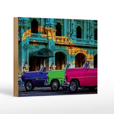 Cartello in legno con scritta 18x12 cm Decorazione mappa Cuba con 3 auto