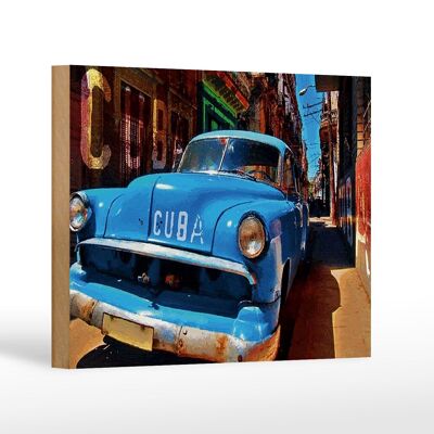 Cartello in legno con scritta 18x12 cm Cuba car blu decorazione auto d'epoca