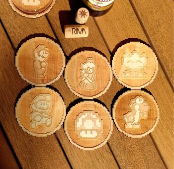 Ensemble de 6 sous-verres en bois Super Mario Bros - Cadeau de pendaison de crémaillère - Nintendo 1