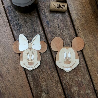 Ensemble de 2 dessous de verre Mickey et Minnie en bois - Petit déjeuner - Cadeau de pendaison de crémaillère - Disney