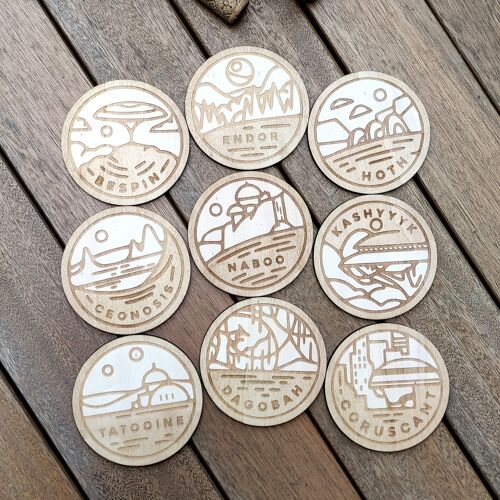 Set of 9 Star Wars Planets Wood Coasters - Worlds - The Mandalorian - Cup Holders
