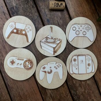 Set de 6 sous-verres en bois de jeux vidéo - Cadeau de pendaison de crémaillère - Manettes - Gamer 1