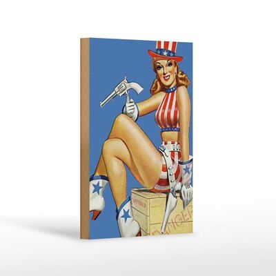 Cartello in legno Pin Up 12x18 cm decorazione pericolo Cowgirl USA pistola