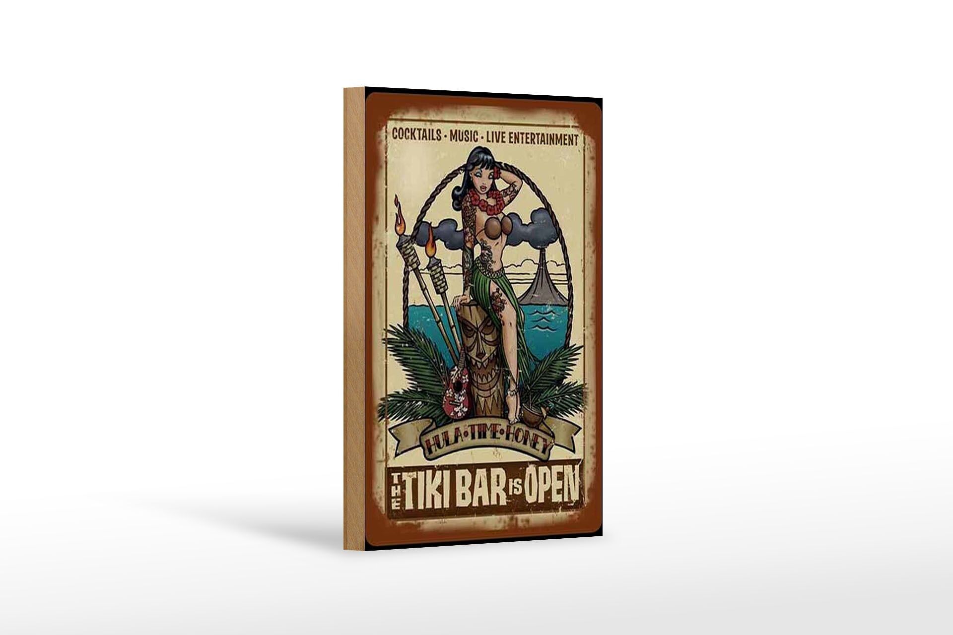 Cartello in legno Pin Up 12x18 cm TIKI Bar è una decorazione Open Cocktail Music