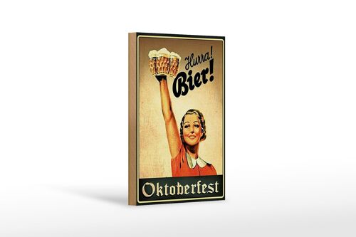 Holzschild Spruch 12x18 cm Oktoberfest Hurra Frau mit Bier Dekoration