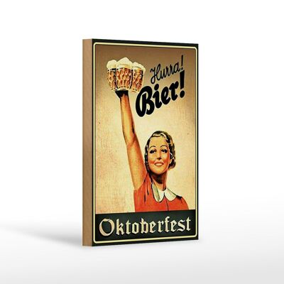 Holzschild Spruch 12x18 cm Oktoberfest Hurra Frau mit Bier Dekoration