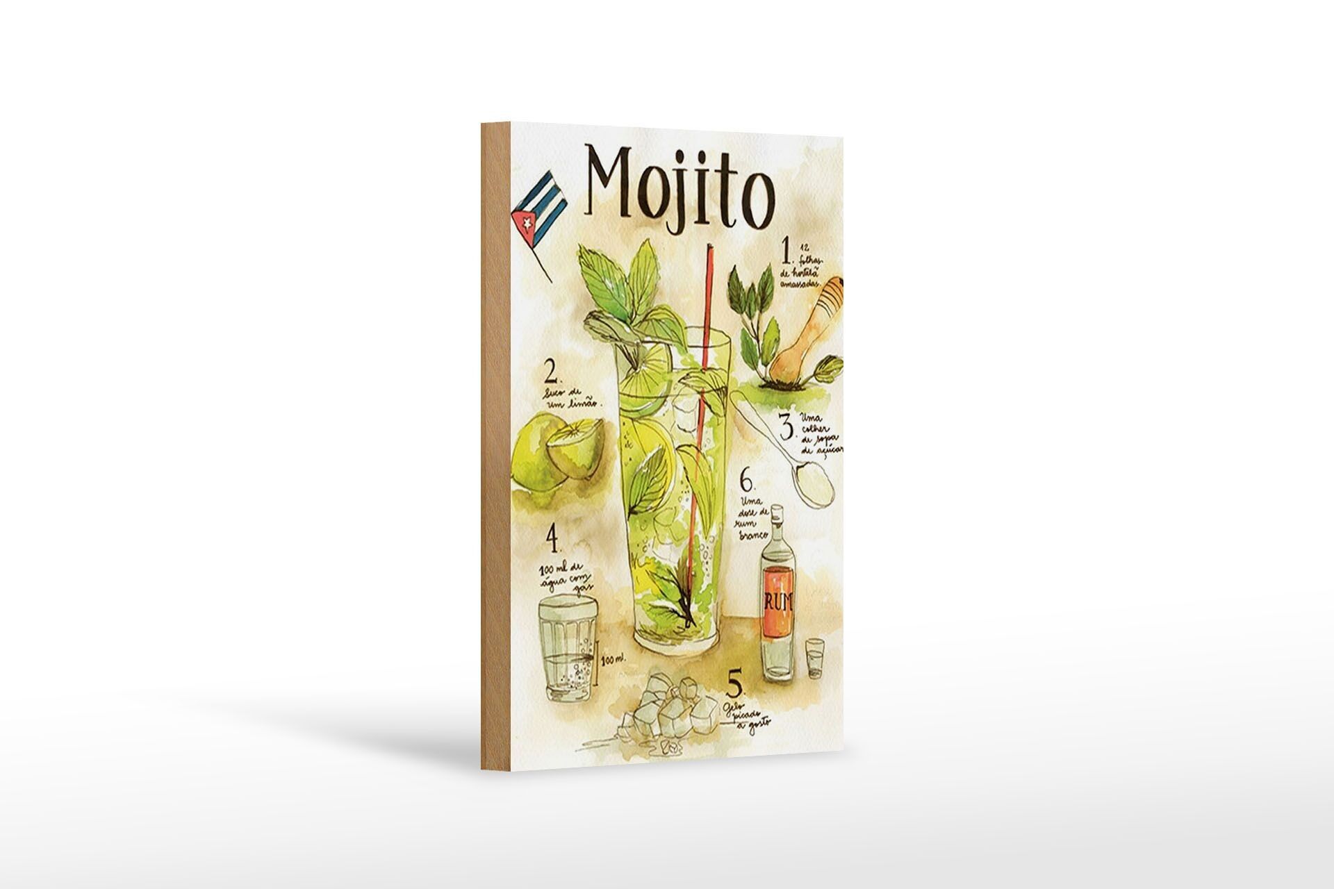 Holzschild Rezept 12x18 cm Mojito Rum suco de limão Agua Dekoration