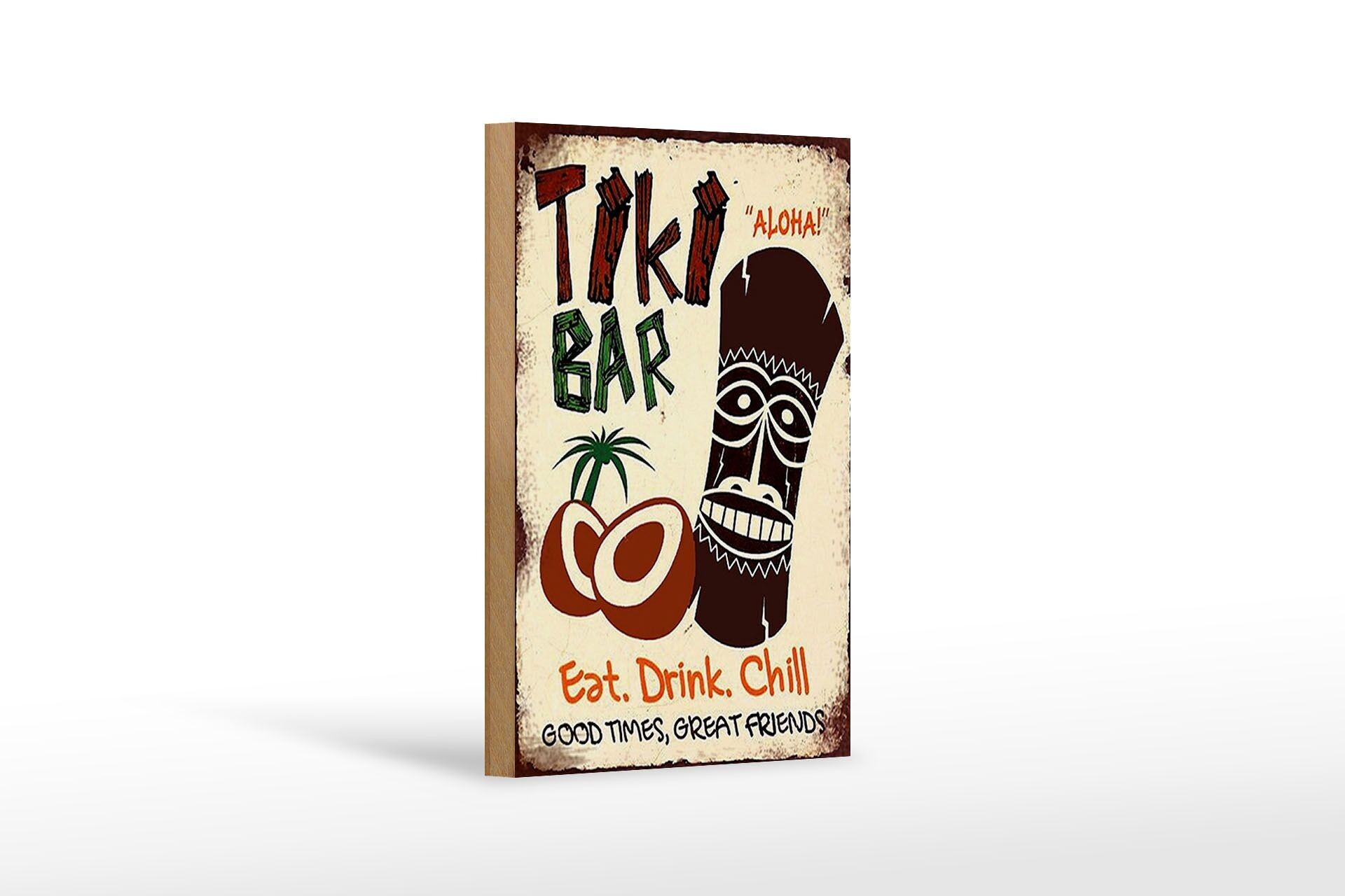 Cartello in legno con scritta TIKI Bar Aloha eat drink chill decorazione 12x18 cm