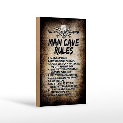Letrero de madera que dice 12x18 cm reglas de las cavernas del hombre decoración del cráneo