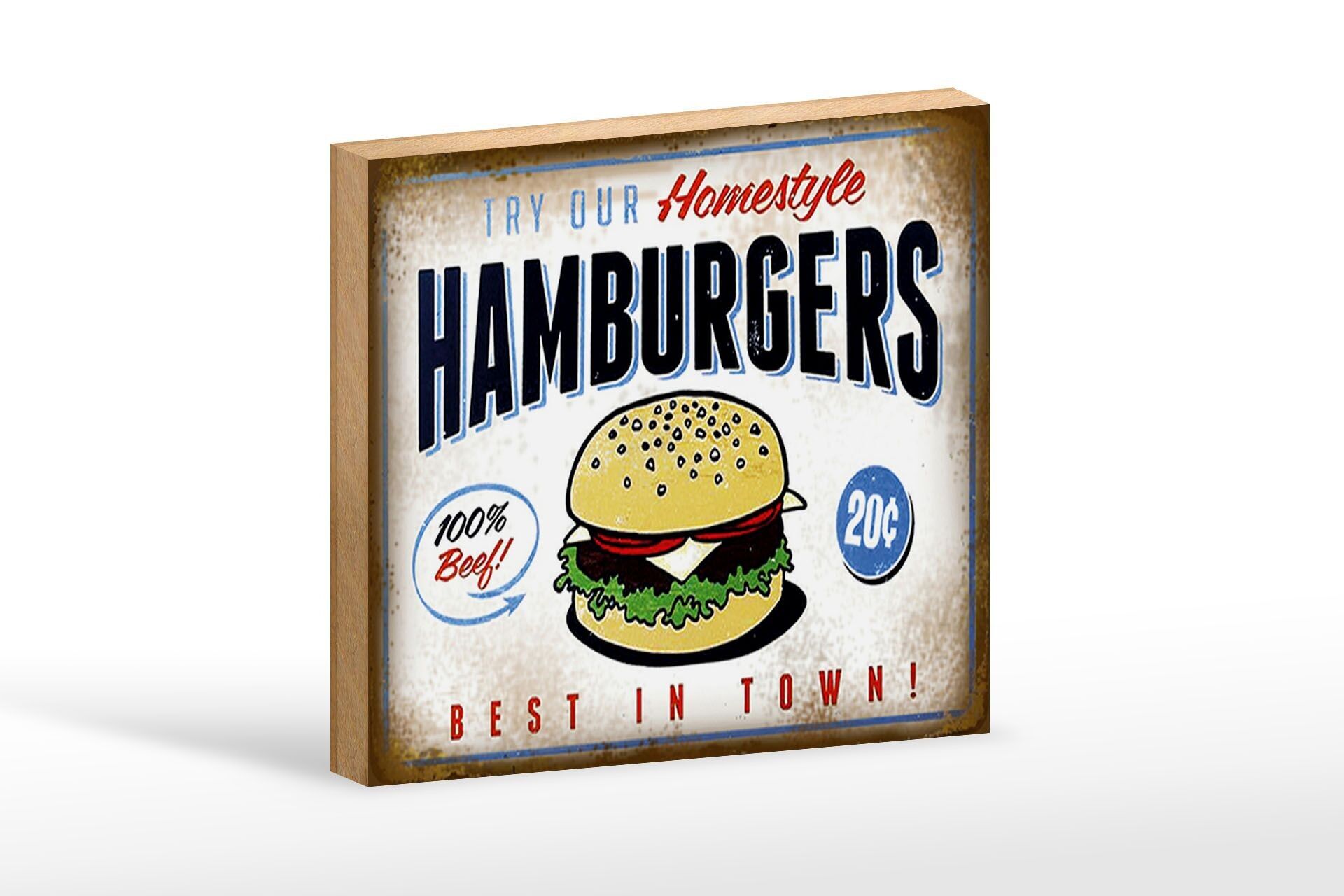 Wooden sign saying 18x12cm Hamburger best in town 100% Beef decoration