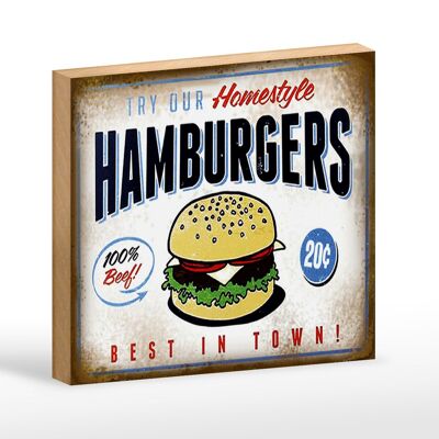 Cartello in legno con scritta "Hamburger migliore in città" 18x12 cm, decorazione 100% manzo