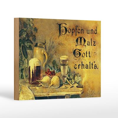 Cartel de madera que dice 18x12 cm Lúpulo y malta Dios preserva decoración