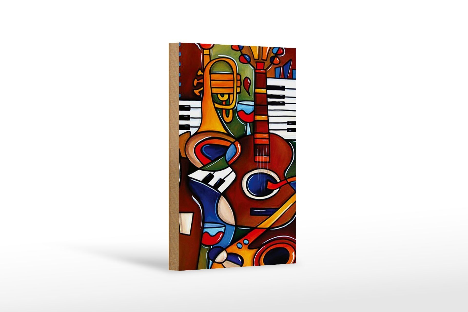 Holzschild Kunst 12x18 cm Musik Instrumente Gitarre Piano Dekoration