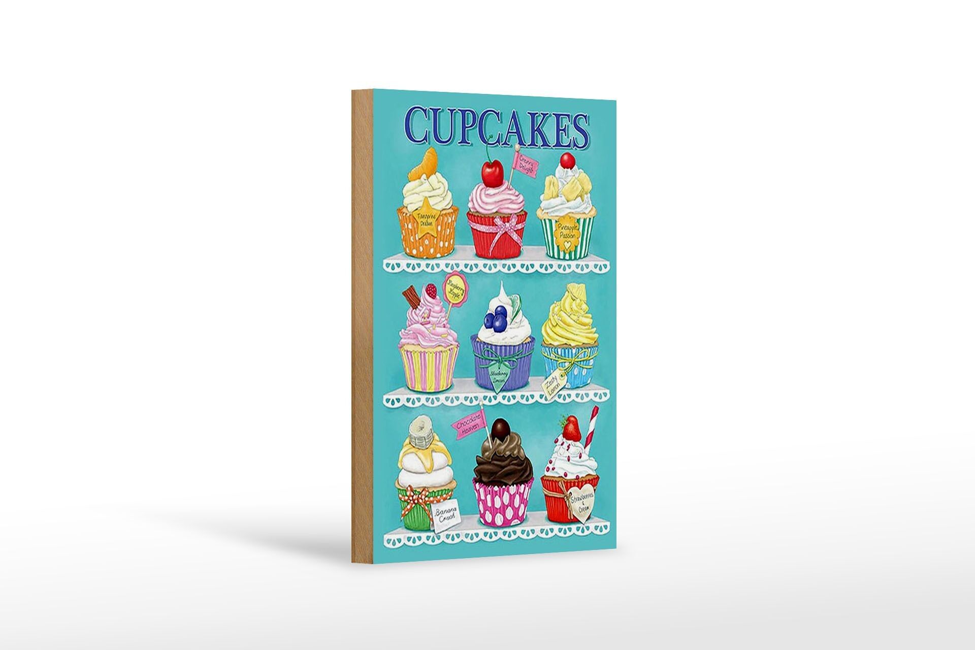 Cartello in legno Cupcakes 12x18 cm Decorazione Ciliegia Cioccolato Crema Banana