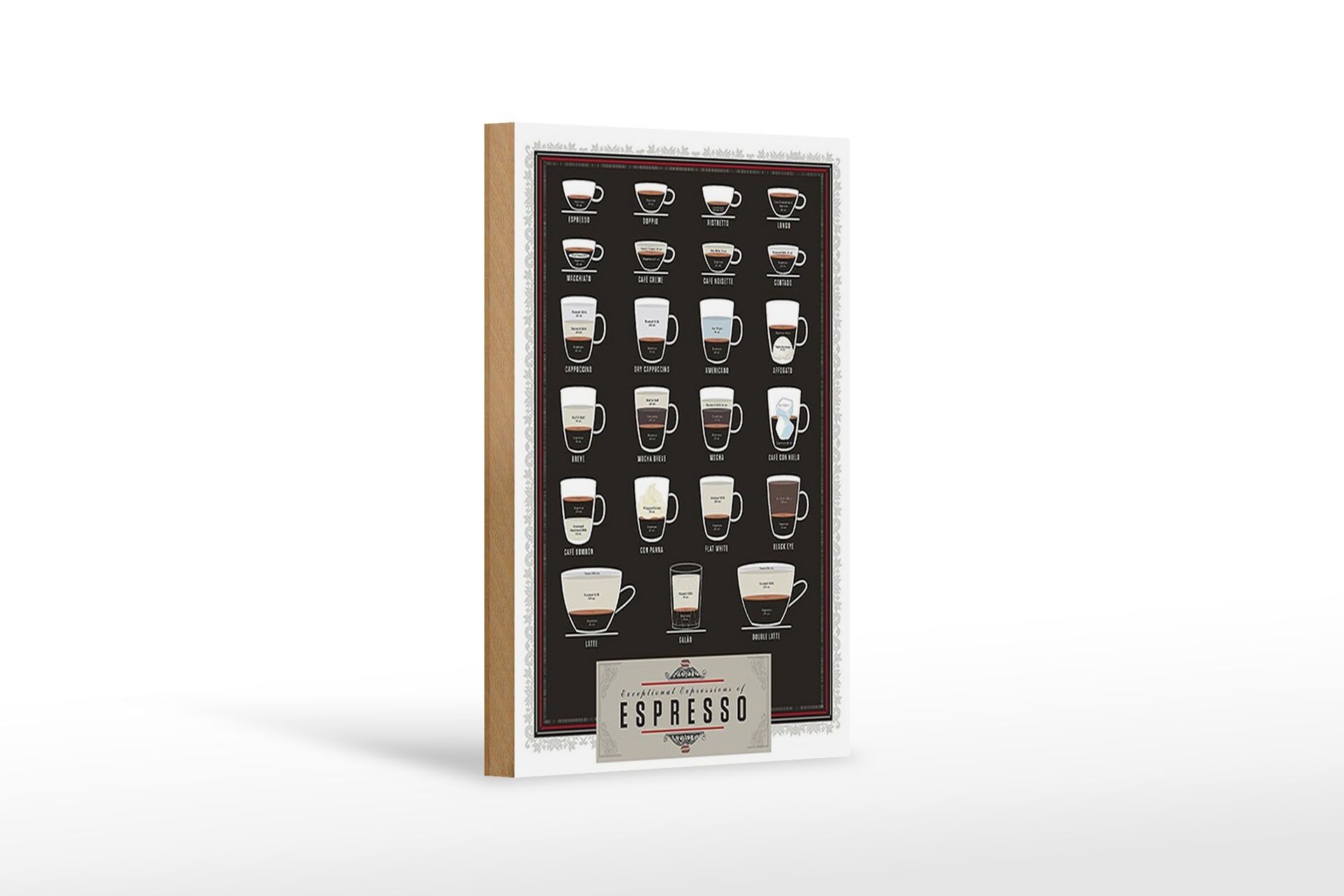 Holzschild Kaffee 12x18 cm Sorten Espresso Mocha Americano Dekoration